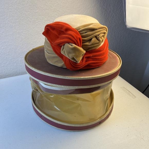 Accessories - Vintage Patricia‎ Velvet Turban Hat Orange And Brown With Hat Box